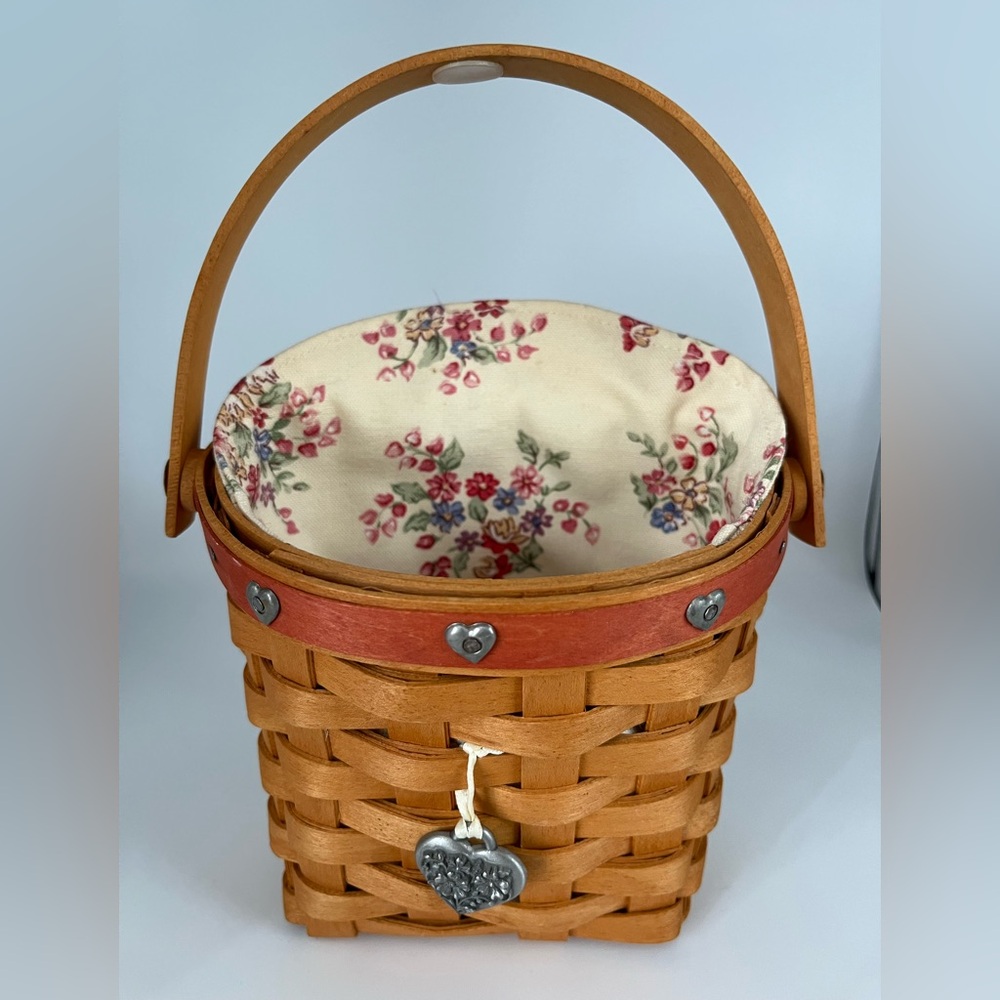 Longaberger Woven Basket with Floral Liner and Heart Charm